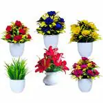 Flora Planet Artificial Plants for Home Decoration, Mini Size Flowers with Pot Fake Plant, Artificial Potted Plants for Decorative Plants Artificial Flowers with Pot (Set of 6)