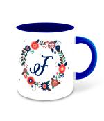 Whats Your Kick Alphabet F Flower Design Printed Dark Blue Ceramic Coffee Mug Tea Mug 325 ML