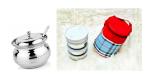BLUE WONDER Stainless Steel Multipurpose Ghee Pot/Pickle Container with Spoon With 4 Pcs Round Lunch Box and (Multicolour, Pack of 2)