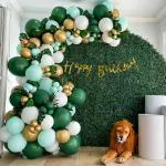 Specialyou.in Jungle theme birthday decoration items for boy & kids combo with Green & White color set balloons kit and golden metallic balloons & green leaves for decoration, Jungle theme backdrop pack of 68 Items