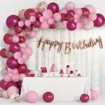 Party Midlinkerz Burgundy Birthday Decoration Items Kit Combo With Led Light And White Curtain (Set Of 70)