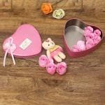 Webelkart Heart Shape Box with 3 Pink Roses, 1 Teddy Gift Showpiece Decorative Showpiece - 10 cm (Aluminium, Fabric, Pink)