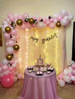 SPECIALYOU.IN Birthday Decoration Items for girls with Pink balloons, White Net Curtain, Fairy Decor Light, princess theme birthday decor items, Background Cloth for Decoration DIY Kit for girls- 74 Pcs