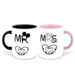 Whats Your Kick Couple Theme Mr and Mrs Design Set of 2 Printed Pink and Black Ceramic Coffee Mug 325 ML