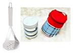 Blue Wonder Stainless Steel Big Potato Masher with 4 Pcs Round Lunch Box and Multicolour, Pack of 2