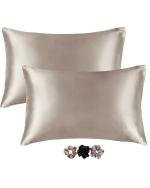 LAKULISH COLLECTION Light Rose Taupe Solid Satin Silk Pillow Cover With Envelope Closure And Soft Scrunchies (5 Pieces)