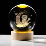 ROMJ Glowing Crystal Ball 3D Inner Carved Small Crystal Ball Light with Wood Base, Decorative Creative Gift Luminous Crystal Ball for Christmas Classmates and Kids Birthday (Moon Astronaut)