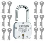 HINDSON Small Lock Round 50mm with 12 Key, Iron Atoot 50 Steel Double Locking, 8 Lever Padlock for Door, Gate, Shutter (Finish Silver)