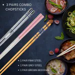 Hichaki 3 Pairs Stainless Steel & Wooden Chopstick - Reusable Chop Sticks for Noodles Sushi Hotpot Square Grip to Hold Food (Pink, Grey, Brown)