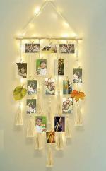 Vah White Wooden Macrame Photo Display Wall Hanging Bohemian With Clips And Led String Lights