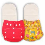 Deedry Oeko-Tex Certified Unisex Baby Cloth Diapers Washable & Reusable Diapers with Adjustable Snap Buttons 3 Months- 3 Years 1 Red & 1 Print Diaper+ 2 Inserts/Pads