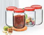 FeeloPie Yera Glass Round Shape Clear Aahar Jars and Containers for Kitchen Pantry, Snacks, Masala, Pickles, Dry Fruits, and Coffee Beans Storage with Red Color Plastic Lid (1 KG, Set Of 4)