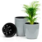 Livzing 11 Inch Self Watering Flower Pot - Virgin Round Plastic Planter with Drainage Holes - Gamla Planter Pots - Modern Decorative Flower Pots for Indoor- Outdoor-Grey(Pack of 3)
