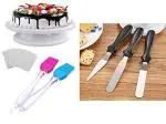 Cake Turntable with 3 Pieces Palette knife Set and 2 Pieces Silicone Brush, 3 Pieces scrapper Combo