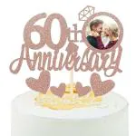 Zyozique Rose Gold Glitter 60th Anniversary Cake Topper with Diamond Ring Heart Cake Decorations Set for 60th Wedding Graduations, Retirement Company Celebration Party - Pack of 5