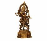 Idol Collections Gold Brass Standing Krishna Murti Statue On Base, 35.36 X 15.24 Cm