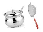 BLUE WONDER Stainless Steel Multipurpose Ghee Pot/Pickle Container with Spoon With Stainless Steel Soup Strainer Juice and (Multicolour, Pack of 2)