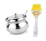 BLUE WONDER Stainless Steel Multipurpose Ghee Pot/Pickle Container with Spoon With Silicon Basting Big Oil Brush Only and (Multicolour, Pack of 2)