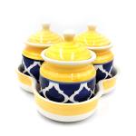 Banwari Crafts Ceramic Storage Container Pickle Jar with Lid & Tray For Dining Table, Kitchen - 200 ML, Set of 3 (Yellow)