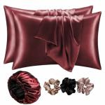 ZULLIVELLY Satin Bonnet for Curly Hair with Free Silk Satin Pillow Covers and Scrunchies | Silk Bonnet for Hair|Best Gift Combo of Pack of 2 Satin Pillowcases with 3 Silk Scrunchies Adjustable HairCap | Size-18x28 | Maroon