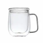 P-Plus International Glass Coffee Mugs, Double Wall Insulated Glass Cups with Large Handle, 250ml Clear Glass Mug, Insulated Glass Tea Cup (Pack of 1)