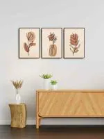 999Store Beige Canvas Black Frame Abstract One Line Art Botanical Leaf Painting Set of 3(Bo3Frames037)
