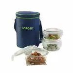 Borosil Klip-N-Store Glass Lunch Box With Bag, Microwave & Oven Safe, Round, 400 ml, Blue