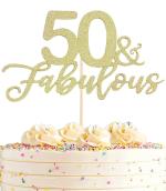 Festiko 50 Fabulous Cake Topper, Premium Gold Glitter Cardboard Cake Decoration For 50th Happy Birthday Party Fifty And Fabulous Cake Topper For Birthday, Wedding, Anniversary