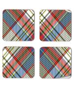 Whats Your Kick Red Blue White Fabric Check Pattern Design Printed Set of 4 Coaster With Metal Stand