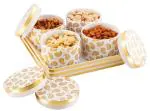 Porpoise 4pc Dry fruit Jar Gift Set Box with Lid with Serving Tray, Storage Container(Selina, 4pc + Tray) (White)