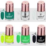 Perpaa Sea Green, Transparent, Milky White, Neon, Neon Light Green, Powerful Black Nail Polish (Pack Of 6)