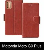 Sbms Motorola Moto G9 Plus Brown Artificial Leather Shock Proof Flip Cover