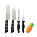 Kai Premium Kitchen Knife Set of 4, Stainless Steel Nakiri Knife, Santoku Knife, Utility Knife & Serrated Knife and Free Ceramic Knife Sharpener