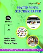Askprints Printable Vinyl Sticker Paper - Waterproof Printable Vinyl for Laser & Inkjet Printer 25 Self-Adhesive Sheets - Matt White - Standard Size A4 (Shipping labels)