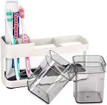 Inditradition Toothbrush Toothpaste Stand Holder with 2 Removable Cup | Bathroom Toiletries Organizer (Plastic, Beige)