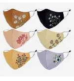 MEELANA Multicolor Cotton 3D Embroidery Washable and Reusable with Multilayers Cloth Face Masks (10 x 10 x 11 Centimeters) (pack of 6)