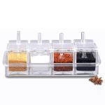 SEVOU Clear Seasoning Rack Spice Pots - 4 Piece Acrylic Seasoning Box - Storage Container Condiment Jars - Condiment Jar Spice Container with Cover and Spoon - for Kitchen, Counter, Food Storage