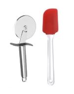 FIRST FRONT Stainless Steel SS Pizza Cutter With Silicon Basting Mini Spatula Only and (Multicolour, Pack of 2)
