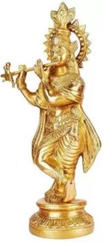 Brassaura Brass Krishna Bhagwan Idol Murli Kishan Murti Standing Playing Flute Decorative Showpiece - 38.1 cm (Brass, Gold)
