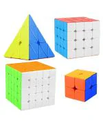CrackaDeal Plastic Cube Combo Set of 2X2, 4X4, 5X5, Pyraminx High Speed Stickerless Magic Cube Puzzle, Multicolor (Pack of 4)