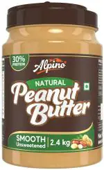 Alpino Natural Peanut Butter Smooth 2.4 KG | Unsweetened | 30 G Protein | 100% Roasted Peanuts | No Added Sugar, Salt or Hydrogenated Oils | High Protein Peanut Butter Creamy | Gluten-Free | Vegan
