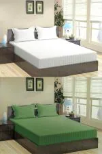 N G Products 310 TC Glace Cotton Combo pack of 2 Fitted Double Bedsheets with 4 Pillow Covers, Satin Stripes (Size- 72 inch x 78 inch + 8 inch, White & Green)