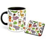 Whats Your Kick Kids Animal Design Printed Black Ceramic Coffee Mug with Coaster 325 ML