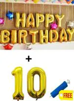 Festiko 10th Birthday Decorations (Happy Birthday Foil Balloon Pack Of 13 Letters, Gold, Number 10 Foil Balloons With Balloons Pump) (10th Birthday)