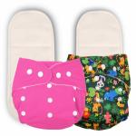 Deedry Oeko-Tex Certified Unisex Baby Cloth Diapers Washable & Reusable Diapers with Adjustable Snap Buttons 3 Months- 3 Years 1 Pink & 1 Print Diaper+ 2 Inserts/Pads