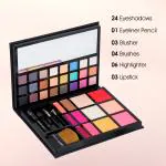 Colors Queen Professional Face Flawless Makeup Palette | 24 Colors Eyeshadow Palette, 3 Blusher, 3 Lipstick, 1 Eyeliner Pencil and 6 Bronze Highlighter with 4 Brush Set and Leather Case