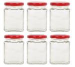 RTWARE Square Glass Jar for Kitchen Storage with Airtight Red Cap / Lid 250 ml (Set of 6)
