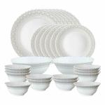 Larah by Borosil Classic Opalware 28 Pieces Dinner Set, Opal Glass Dinner Plates & Bowls, Crockery Set For Dining