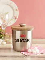 HAZEL Stainless Steel Sugar Jar Storage Canister Container With Wood Lid & Knob, 1325 ML, Silver