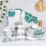 Castleite Teal Blue Square Melamine Floral Dinner Set (40 Pieces)